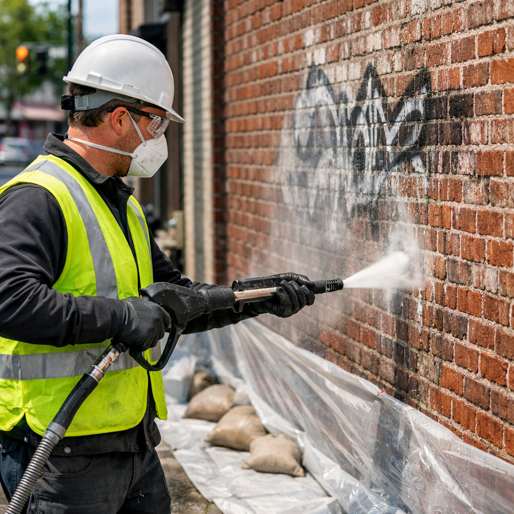 Technician in high-visibility vest using pressure-washing equipment to perform graffiti removal from a brick wall on a commercial street in Louisville.