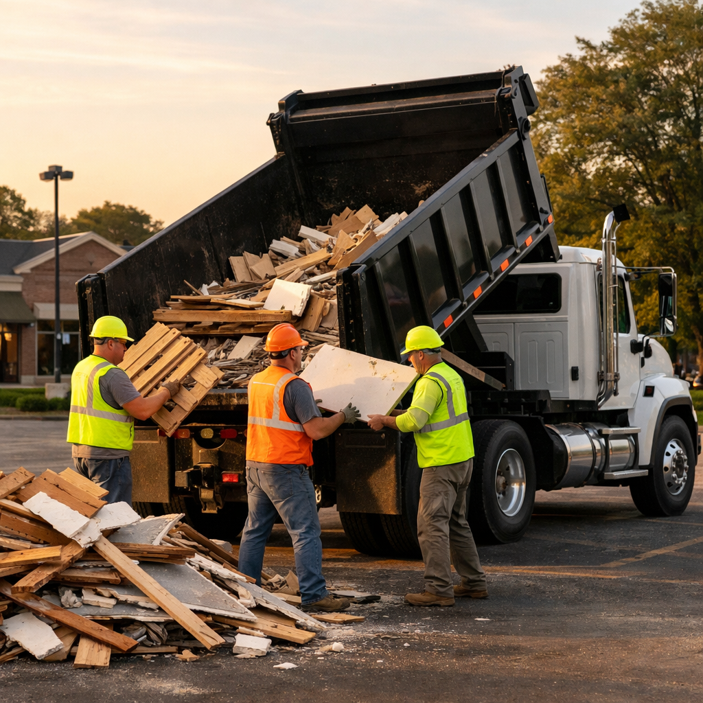 bulk debris removal Crew loading non-hazardous construction debris into a dump truck in a suburban commercial parking lot in Elizabethtown